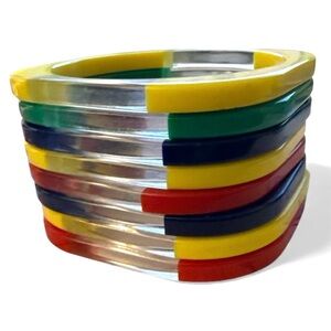 Vintage 1980s Color-Block Lucite Rounded Square Bangle Bracelet Set of 8